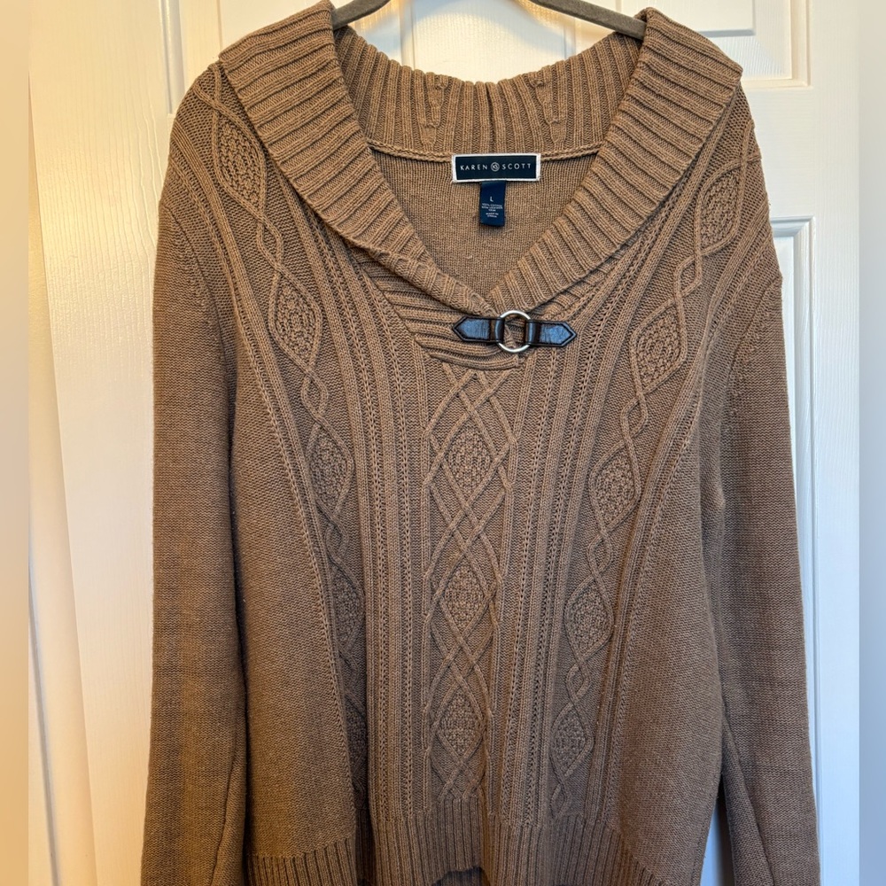 Karen Scott Brown Cable Knit V-Neck Sweater